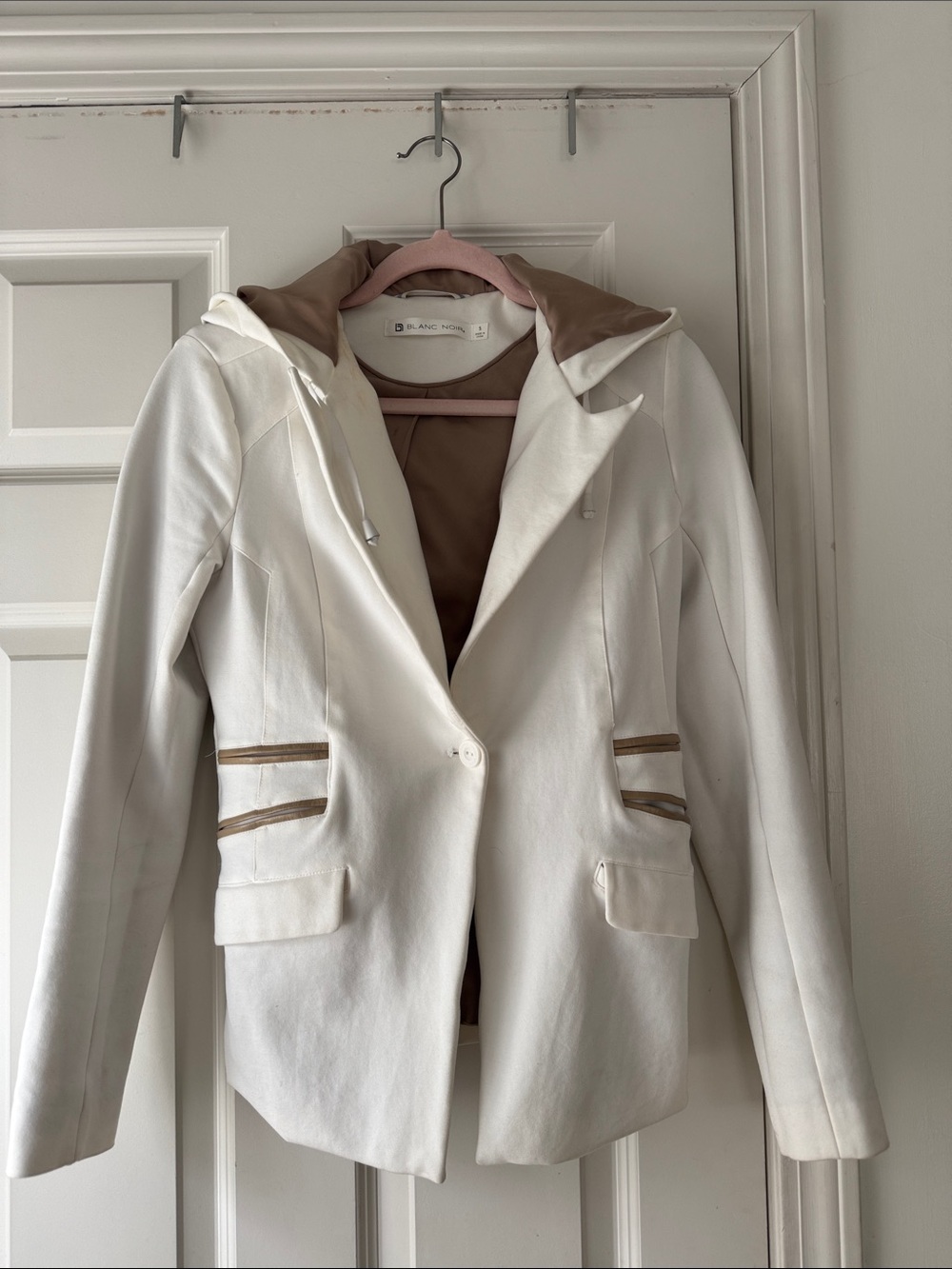 White Hooded Blazer Jacket with Taupe Lining